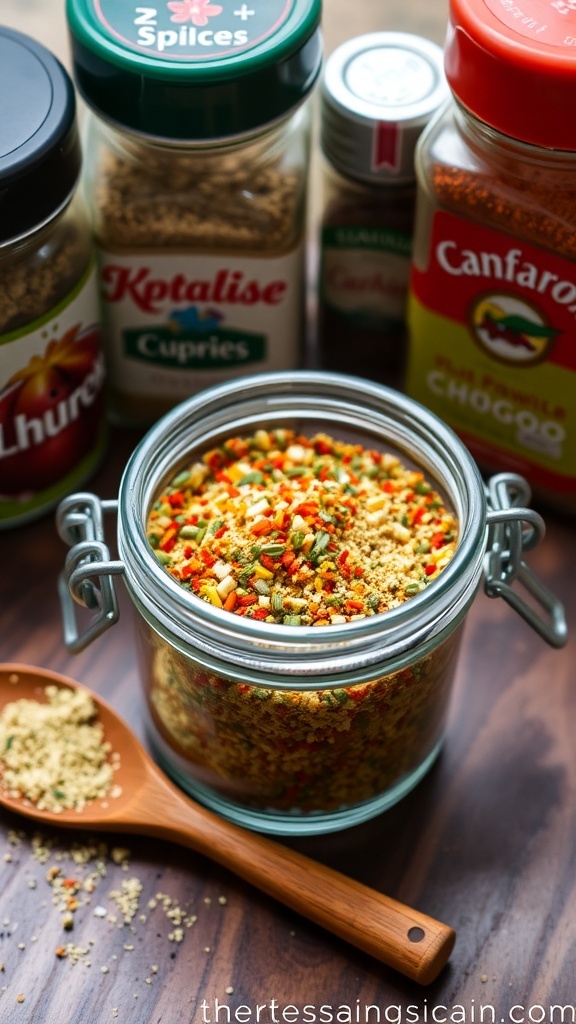 A jar of homemade seasoning blend with spices on a rustic kitchen countertop.
